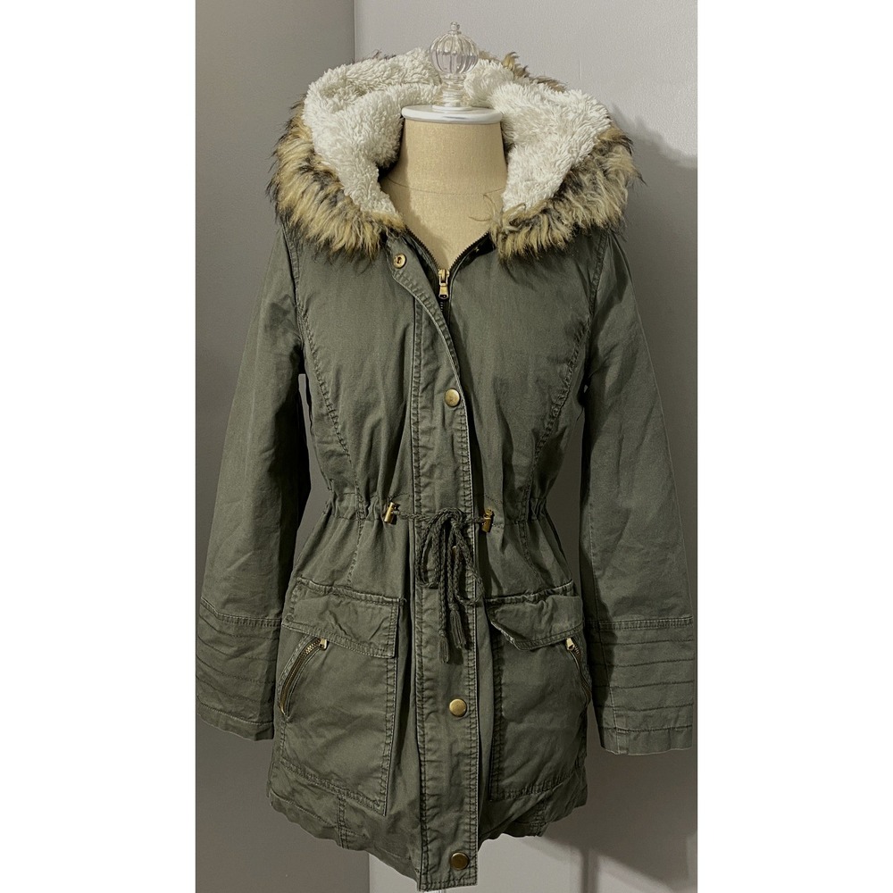 Women's Olive Green Hooded Parka Coat Faux Fur Trim Drawstring Waist Utility XS